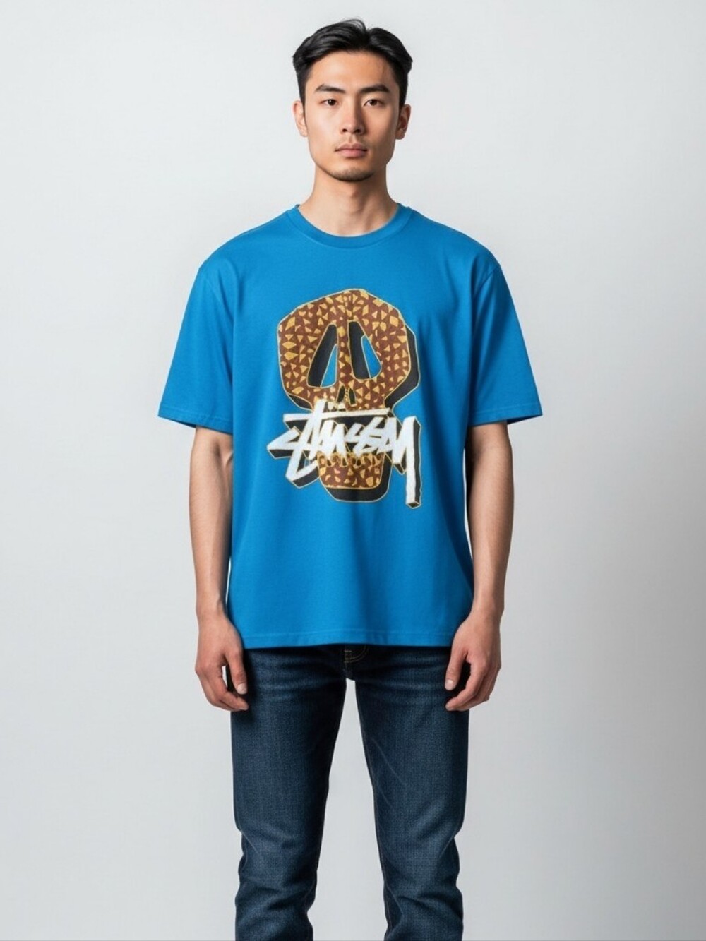 Stussy Blue Skull Graphic Tee Crew Neck Short Sleeve Men's Tshirt Size M